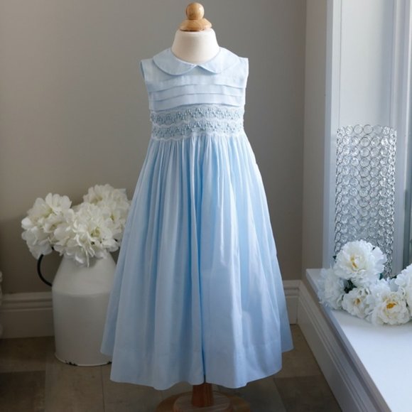 Strasburg Blue Smocked Dress Hand-Embroidered  Spring Summer Vacation PERFECT - Picture 1 of 9